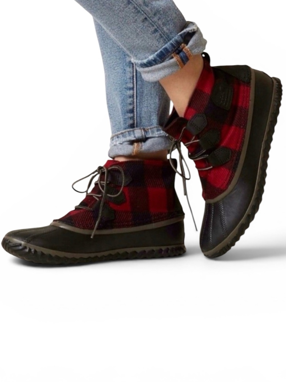 Sorel Women's Out N About Red/Black Buffalo Plaid Boots - Size 8